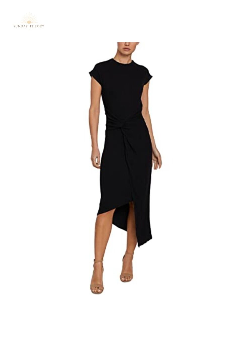 Midi Dress Cap Sleeve Asymmetrical Knot Front Semi Formal Stretchy